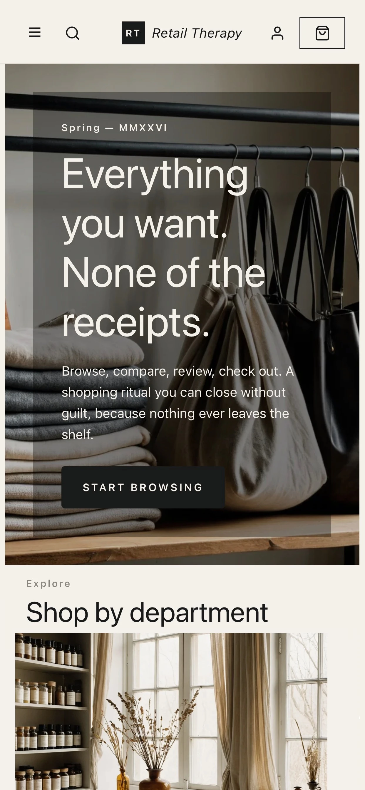Retail Therapy app — home screen